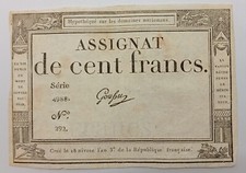 Billet ASSIGNAT DE CENT FRANCS 1795 Signé GOUSSU (Signature N°23/50)