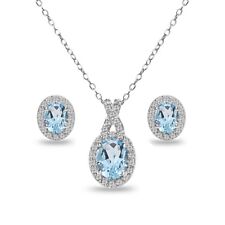 Argent Sterling Topaze Bleu & Blanche Ovale Halo Collier & Clou Earrings Set
