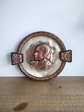 Médaillon En Cuivre Et Bois Fait Main  Ethnique Plateau Art déco XXe France