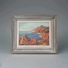 Peinture Ancienne Huile paysage marin vue bord de mer,  rochers  Tableau Encadré