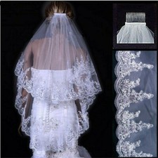 Mariage Voile Coude 2 Couches Dentelle Ivoire Bord Applique Sequin avec Peigne
