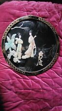 TABLEAU ROND CHINOIS LAQUE ASIATIQUE PERSONNAGE NACRE BOIS NOIR  