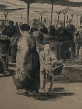 Tableau ancien gravure eau forte place de marché animée Gaston Nick