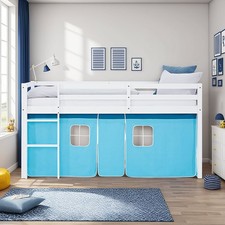 Cadre de Lit superposé enfant 90x200 Matelas Lattes Bois Rideau Bleu Homestyle4u
