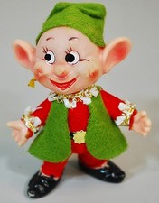 VINTAGE 1950s Elf Pixie Green & Red Felt Outfit Mischievous Handpainted Face