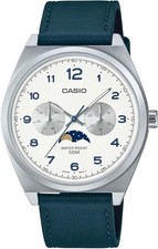 CASIO Moon Phase MTP-M300L-7AV cadran blanc bracelet cuir bleu verdâtre...