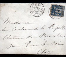 SAVIGNY-en-SEPTAINE (18) ENVELOPPE Oblitération postale 1896 par DUN-sur-AURON