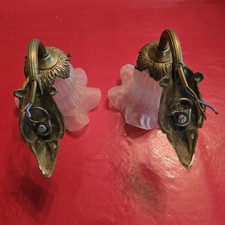 ## Paire d'appliques bronze XIXe tête Bacchus avec tulipe lampe ##