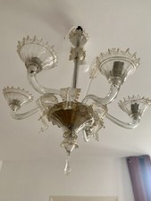 1900/20 Lustre Cristal Murano Avec Inclusions Feuilles d’Or 6 Branches