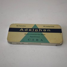Ancienne boîte en étain vide médicale CIBA Adelphan de pilules contre l'hyper...
