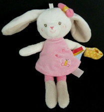 44. DOUDOU PELUCHE SUCRE D'ORGE  LAPIN ROBE ROSE AT. TETINE JAUNE PAPILLON NEUF*
