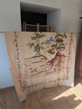 Dessus de lit, broderie de soie  indochine 1920 -1930, tigre chasseur et temple