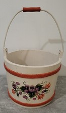 Ancien Seau Pot en Bois Peint A La Main Motif Floral Cache Pot Vintage Fleur