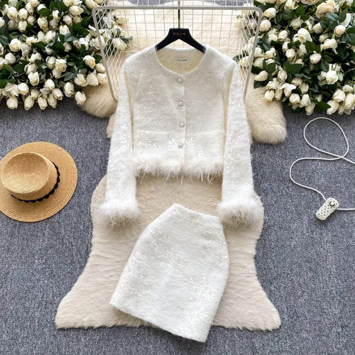 Set tweed élégant blanc - blanc, avec