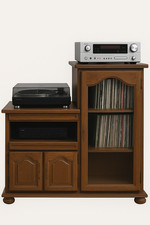 Meuble audio Hi-Fi vintage avec rangement vinyles et plateaux coulissants