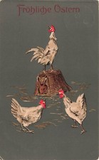 Joyeuses Pâques Poules Coq Panier Lapin Lièvre Paille Carte Postale AK 1912