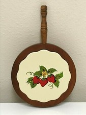 Strawberry Ceramic Tile Trivet Hot Pad Cheese Tray Wood Spindle Handle WallDecor