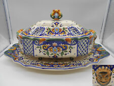GRANDE SOUPIÈRE / LÉGUMIER & PLATEAU TÊTE DE FAUNE EN FAIENCE ROUEN OU DESVRES