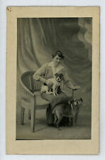 RPPC - WOMAN POSES WITH DOGS Jack Russel Terrier Vintage Found Photo France 1915