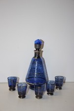 Ancienne Carafe à liqueur bleue + 5 verres  à décor de Venise gondole