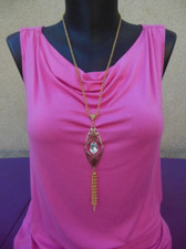 Collier Art Déco doré cristal, pendentif ovale style ancien 1930, bijoux rétro