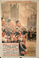 Affiche ancienne originale chemin de fer  1907 Paris londres entoilée