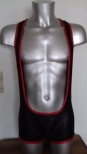 Body homme lycra noir bandes rouges taille M ouverture fesses lutte fetish