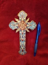 Belle croix IHS/émail cloisonné sur laiton/fin XIXè début XXè/H.18cm/SANS JESUS