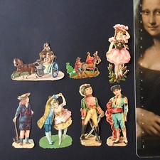 7 Chromos Personnages Ancien Gaufré Calèche XIXè Découpis Victorian Scrap