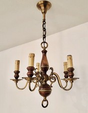 Lustre de style hollandais 5 lum bronze laiton et bois Lucien Gau Paris 70/80’