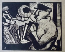 GROMAIRE: bois gravé, "L' Accordéoniste", 1918, 15x18cm, sur japon, monog., rare