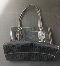 Etienne Aigner 11" Black Leather Canvas Signature Logo Shoulder Bag Handbag