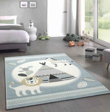 Tapis de Jeu Tapis Chambre d'Enfant Lion Zebra Cactus Tente Indienne gris bleu c