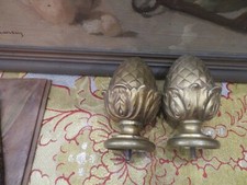 paire de pompons laiton massif pomme de pin XIXe pour tringle bronze ameublement