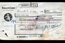 MARSEILLE (13) USINE BISCUITERIE / BISCUITS "COSTE" Traite en 1942