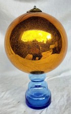 Ancienne Décoration Noël. Boule Verre Soufflé Églomisé Doré. 16 Cm. 