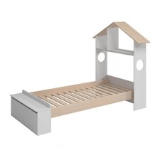 SKILA - Lit 90x190cm Tête de Lit Cabane et Banc-Coffre Blanc et Naturel