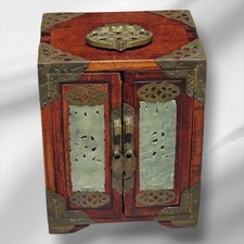 Vintage Chinese Rosewood Jewellery Chest Box Brass Jade Accents Medallions 7"