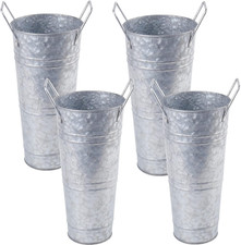 4 Set Galvanized Metal Vases, 9" Farmhouse French Bucket with Handles, Rustic St
