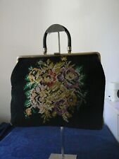 ANCIEN GRAND SAC ANSE MAIN NOIR TAPISSERIE DECOR FLORAL FERMETURE DOREE VINTAGE