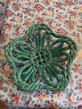 French Vallauris Pottery Fruit Bowl Woven Green Coil Jerome Massier School 14”