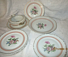 ANCIEN SERVICE A GATEAU PORCELAINE  LT FRANCE-LIMOGES --JOLI DECOR FLORAL-7 PCES