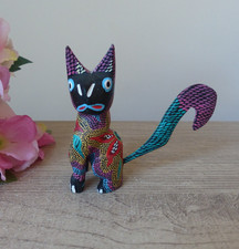 Sculpture sur bois de chat – Art populaire mexicain chat coloré – Alebrije chat