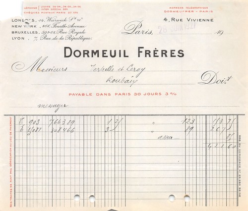 Facture 1927 dormeuil - facture,