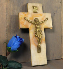 Antique French White Onyx Marble Spelter Wall Cross Crucifix Religious c1900