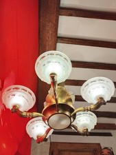 LUSTRE VERRERIE  SIGNEE EZAN 5 BRAS DE LUMIERE BRONZE ART DECO