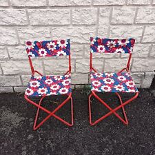 Paire De Chaises Pliantes Rétro, Camping, Grosses Fleurs Orange Rouge,Bleu,Blanc