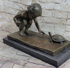 Européenne Style Art Nouveau Romain Bronze Statue De Fille & Tortue Signé