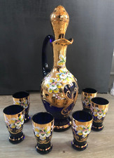 Service à liqueur Verre Cristal Bohême Bleu et émail Fleurs