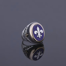 Bague sceau homme 14K deux tons or sur lapis-lazuli fleur de lis design lis